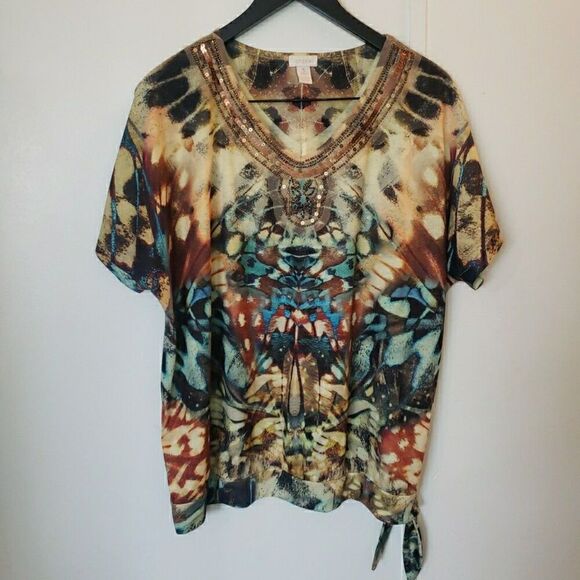 Chico's Tops - Chico's Sequin Short Sleeve Side Tie Blouse Brown Geo Women's 3 (XL)
